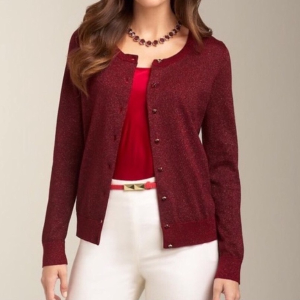 Worn 1X TALBOTS burgundy metallic crew neck jewel button cardigan S